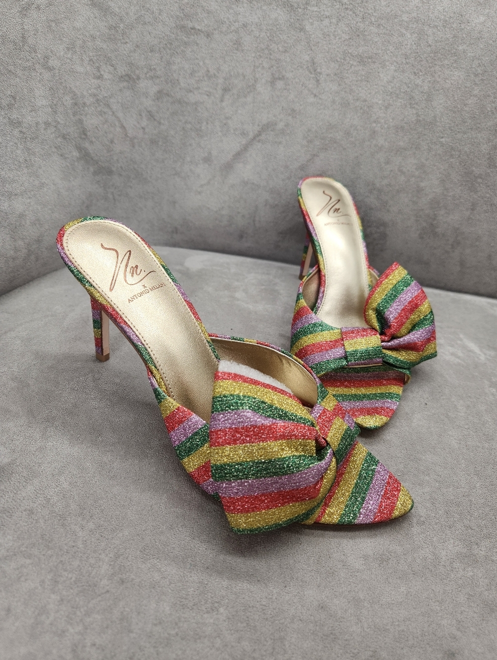 Antonio Melani The Nat Note Dress Mules 9.5 Rainbow Striped Julieta Bow New $180 - Picture 6 of 17